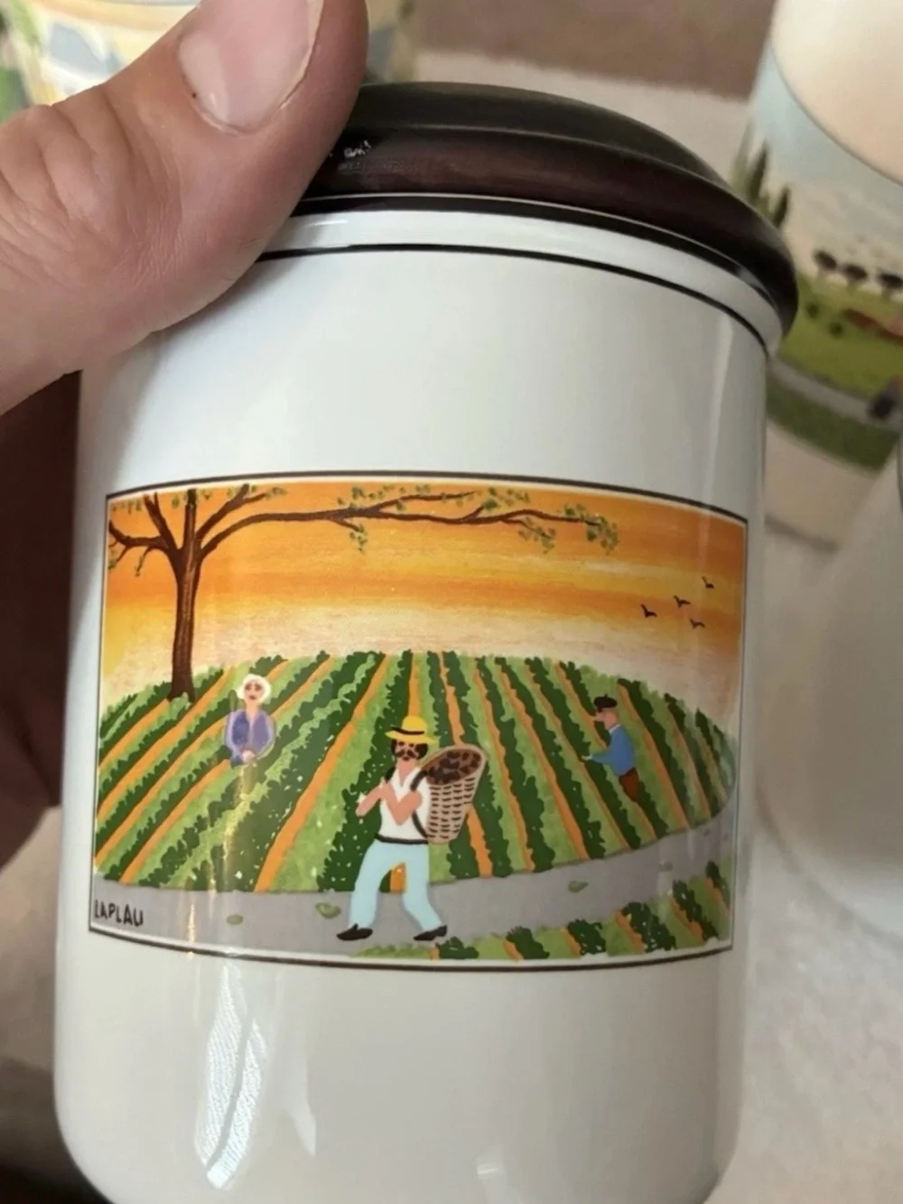 Villeroy & Boch Cream Ceramic Canister Set with Brown Lids and Pastoral Scenes